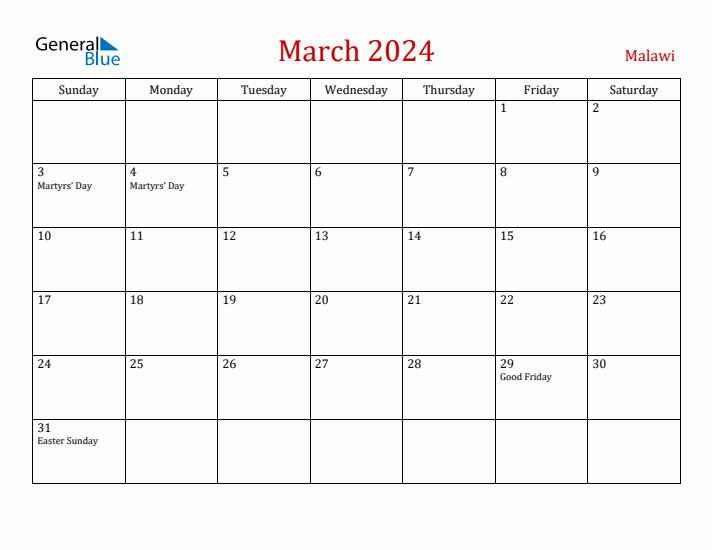 Malawi March 2024 Calendar - Sunday Start