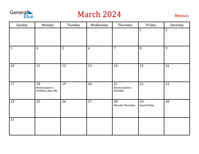 Current month calendar with Mexico holidays for March 2024