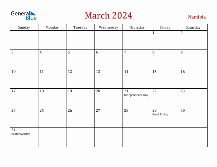 Namibia March 2024 Calendar - Sunday Start