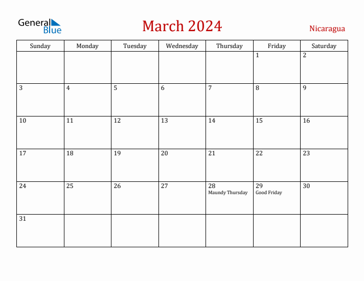 Nicaragua March 2024 Calendar - Sunday Start
