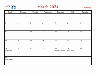 Current month calendar with Norway holidays for March 2024
