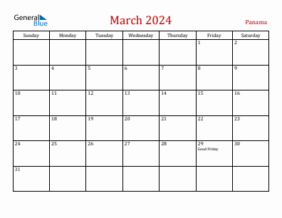 Current month calendar with Panama holidays for March 2024
