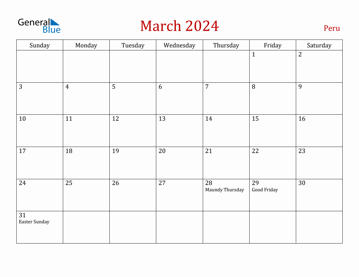 March 2024 Peru Monthly Calendar with Holidays