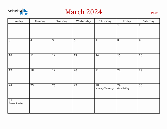 Peru March 2024 Calendar - Sunday Start