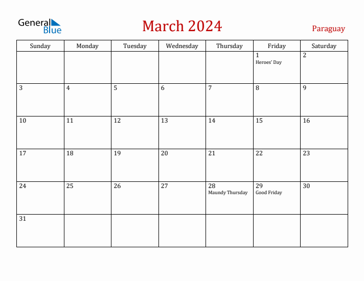 Paraguay March 2024 Calendar - Sunday Start