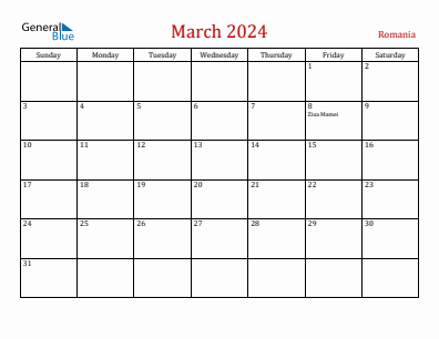 Current month calendar with Romania holidays for March 2024