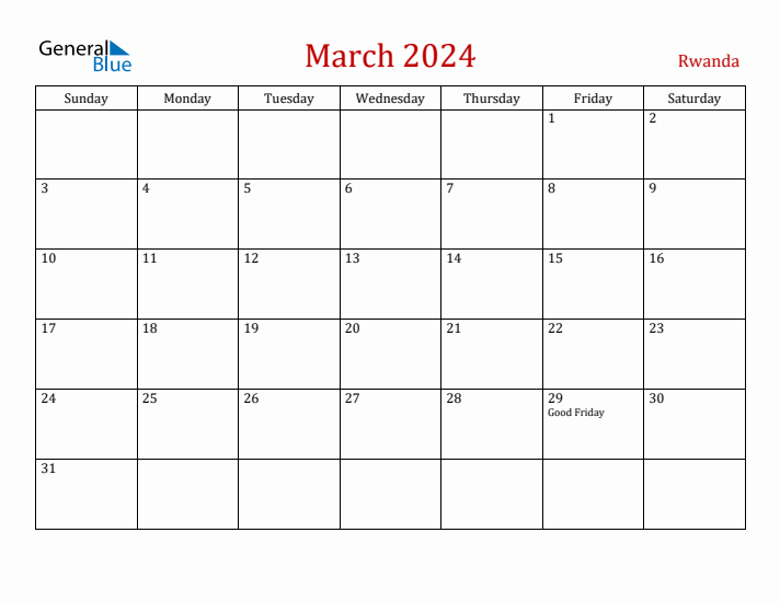 Rwanda March 2024 Calendar - Sunday Start