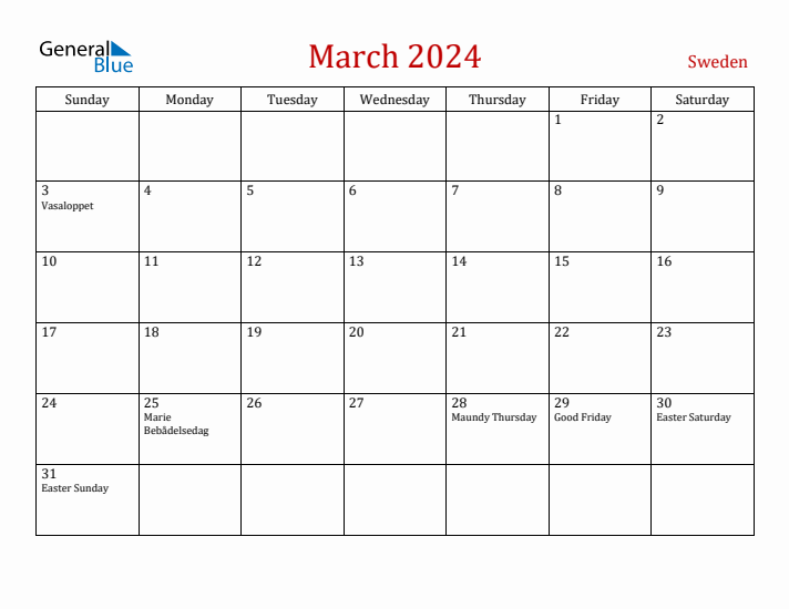 Sweden March 2024 Calendar - Sunday Start