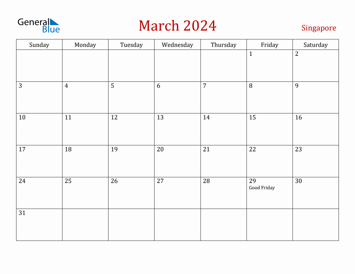 March 2024 Singapore Monthly Calendar with Holidays