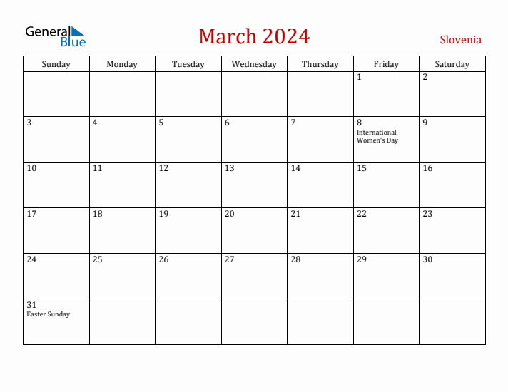 Slovenia March 2024 Calendar - Sunday Start