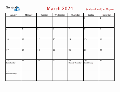 Current month calendar with Svalbard and Jan Mayen holidays for March 2024