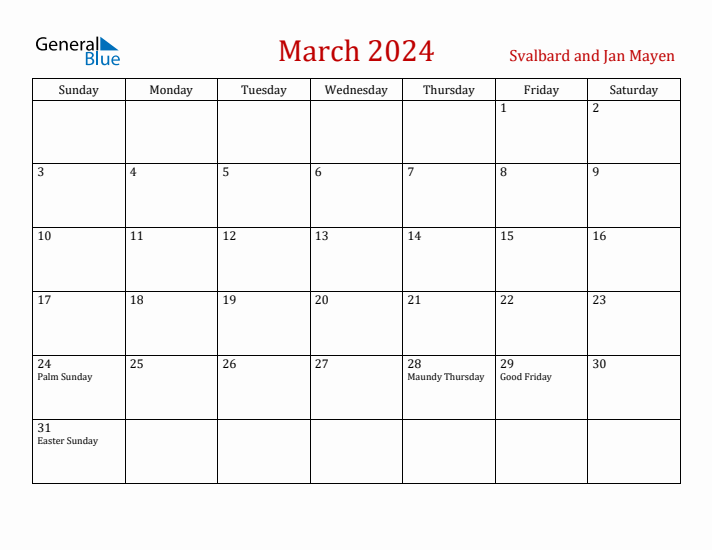 Svalbard and Jan Mayen March 2024 Calendar - Sunday Start