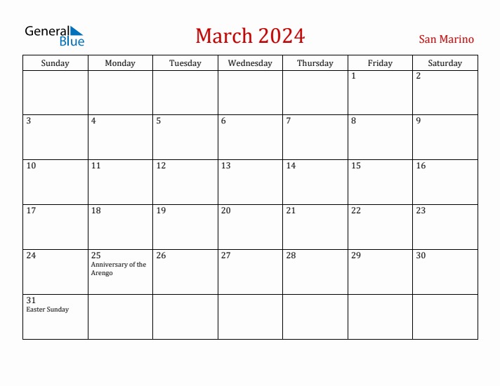 San Marino March 2024 Calendar - Sunday Start