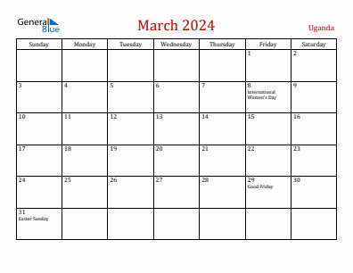 Current month calendar with Uganda holidays for March 2024