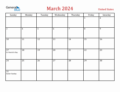 Current month calendar with United States holidays for March 2024