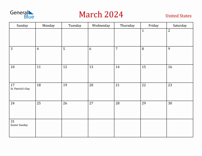 United States March 2024 Calendar - Sunday Start