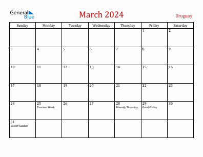 Current month calendar with Uruguay holidays for March 2024