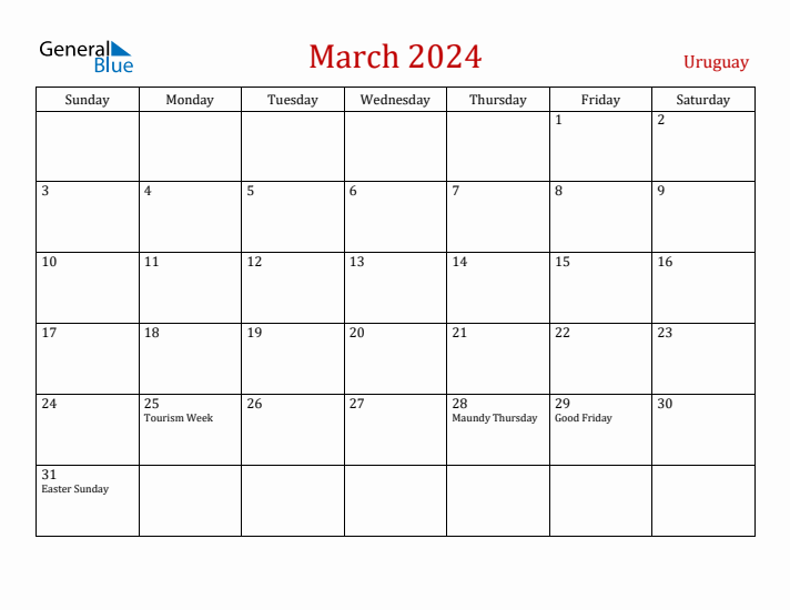 Uruguay March 2024 Calendar - Sunday Start