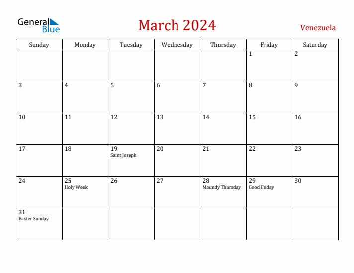 Venezuela March 2024 Calendar - Sunday Start