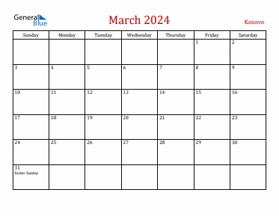 Current month calendar with Kosovo holidays for March 2024