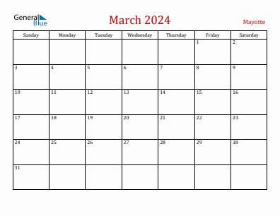Current month calendar with Mayotte holidays for March 2024