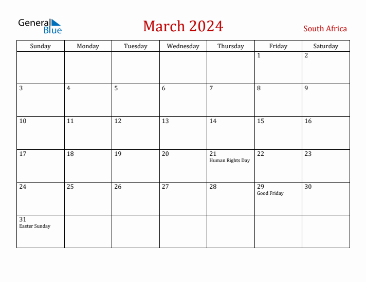 South Africa March 2024 Calendar - Sunday Start