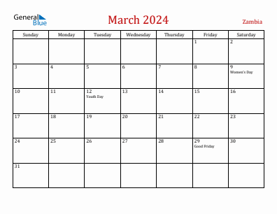 Current month calendar with Zambia holidays for March 2024