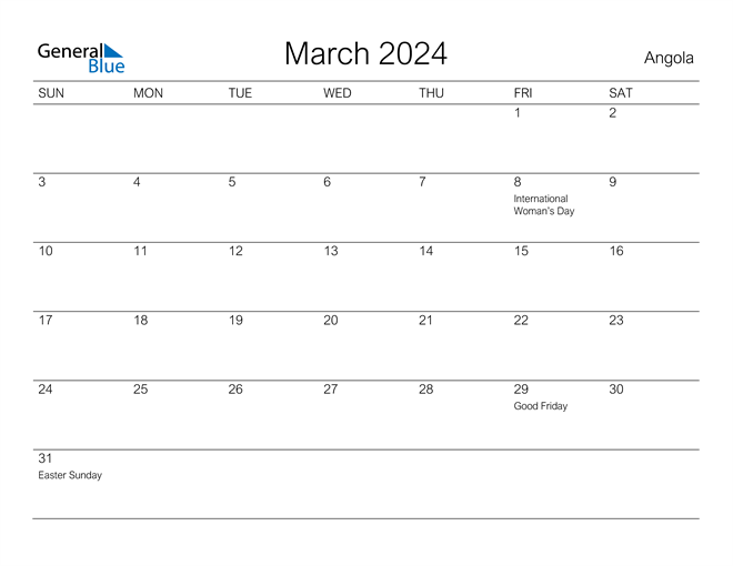 Angola March 2024 Calendar with Holidays