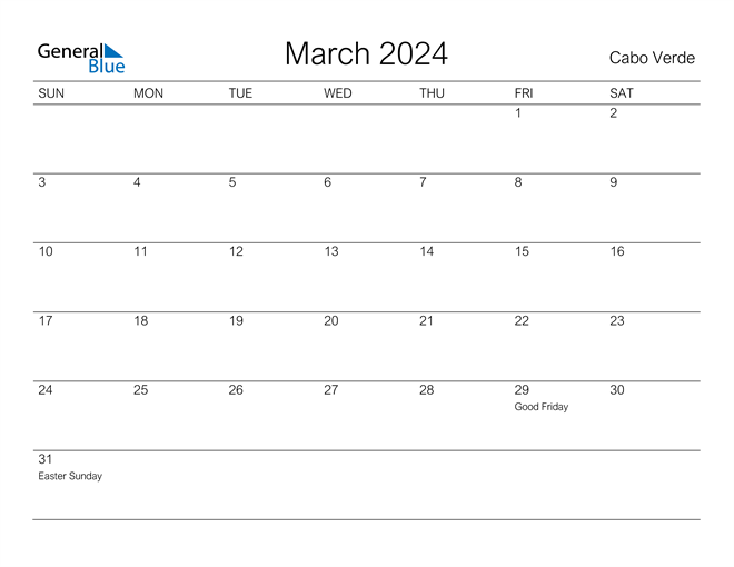Printable March 2024 Calendar for Cabo Verde