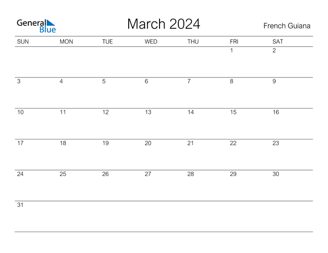 French Guiana March 2024 Calendar with Holidays