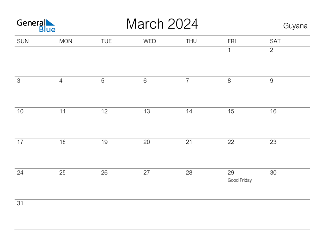 Guyana March 2024 Calendar with Holidays