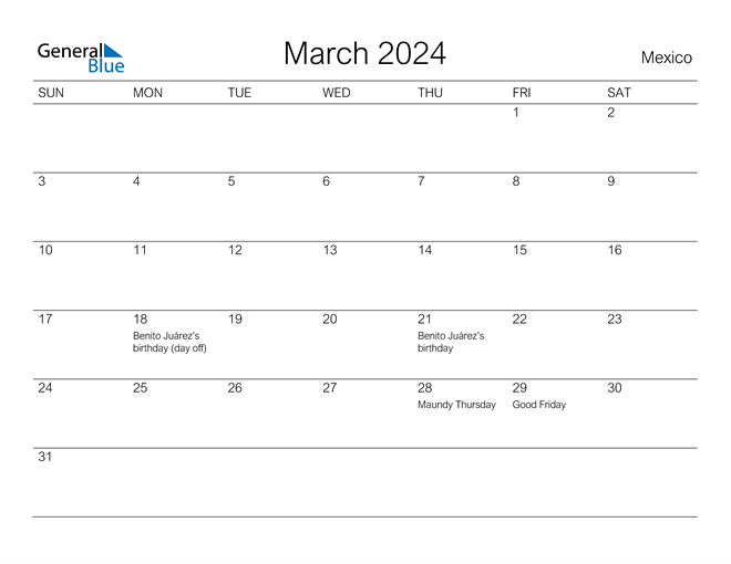 Printable March 2024 Calendar for Mexico