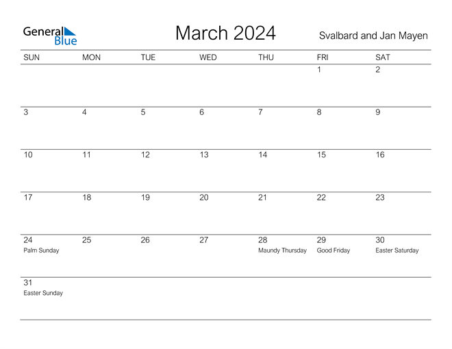 March 2024 Calendar with Svalbard and Jan Mayen Holidays