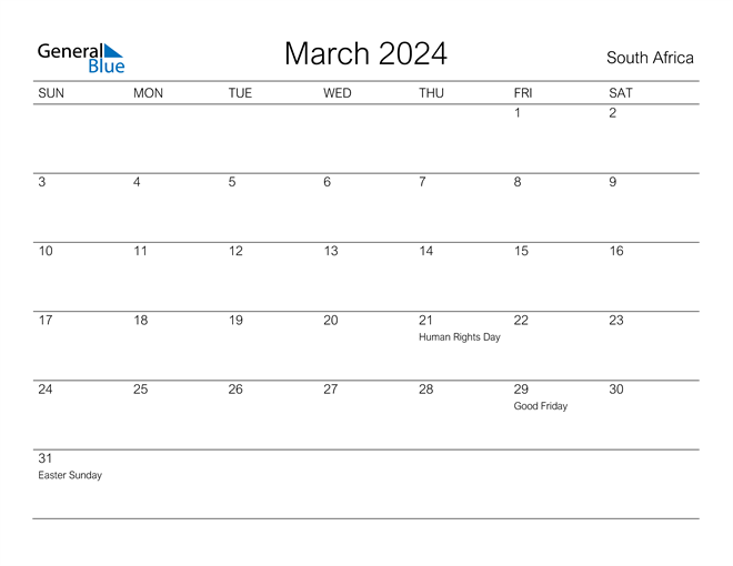 March 2024 Calendar with South Africa Holidays