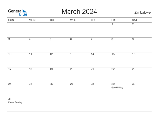 Zimbabwe March 2024 Calendar with Holidays