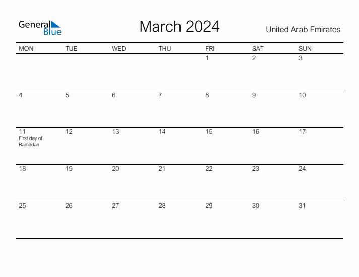 Printable March 2024 Calendar for United Arab Emirates