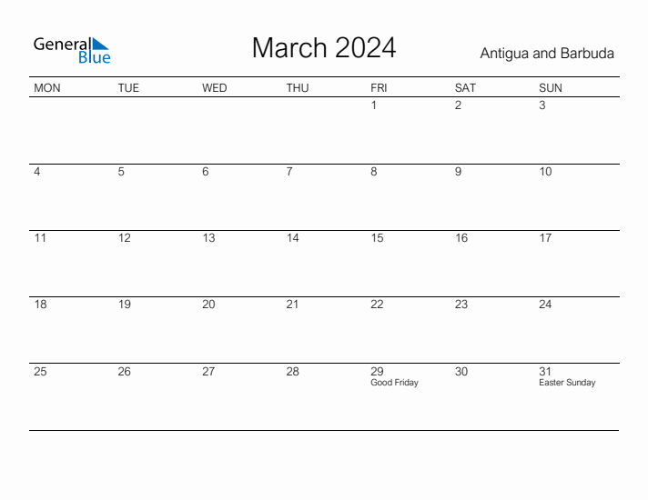 Printable March 2024 Calendar for Antigua and Barbuda
