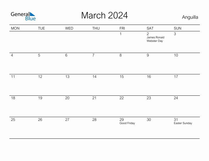 Printable March 2024 Calendar for Anguilla