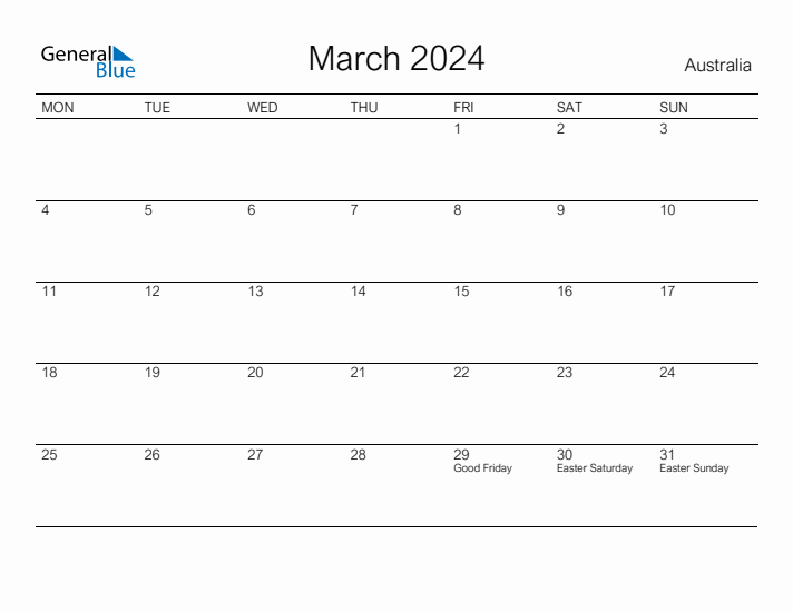 Printable March 2024 Monthly Calendar with Holidays for Australia