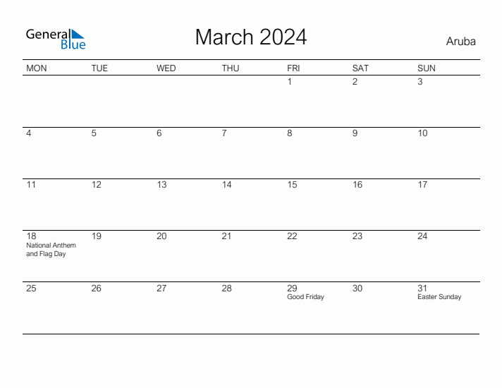 Printable March 2024 Calendar for Aruba