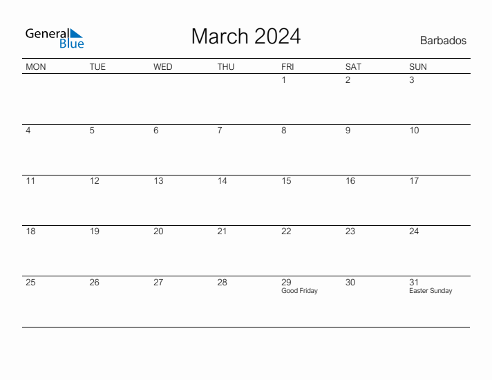 Printable March 2024 Calendar for Barbados