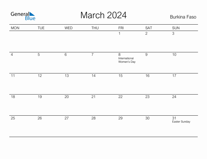 Printable March 2024 Calendar for Burkina Faso