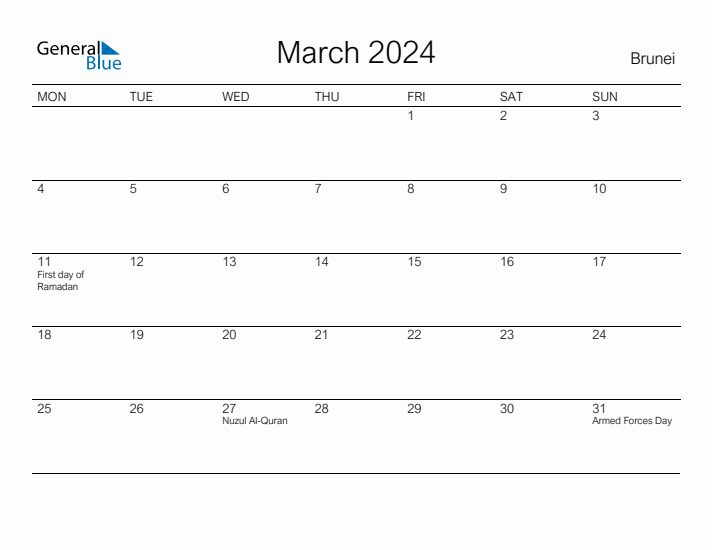 Printable March 2024 Calendar for Brunei