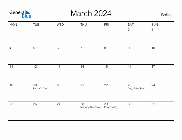 Printable March 2024 Calendar for Bolivia