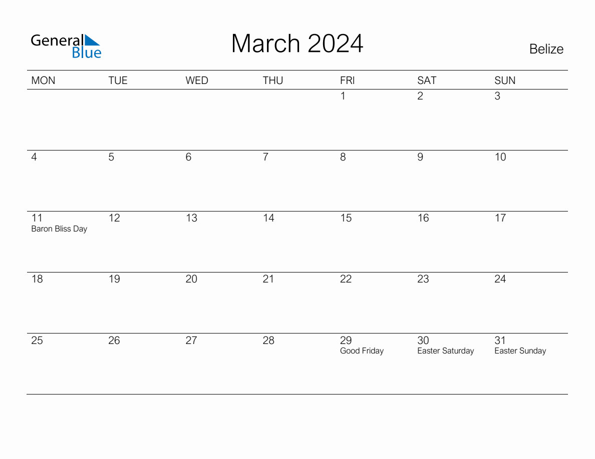 Printable March 2024 Monthly Calendar with Holidays for Belize