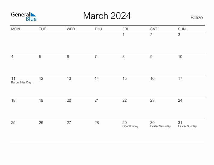 Printable March 2024 Calendar for Belize