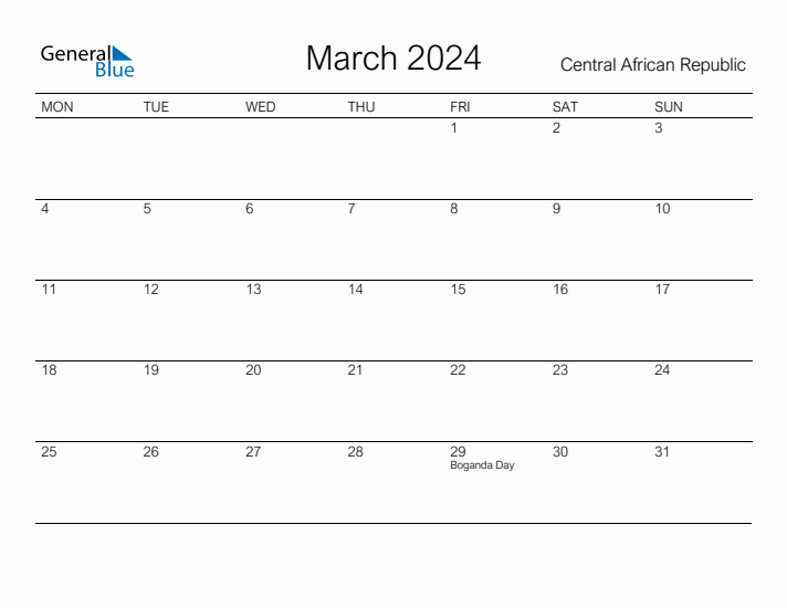 Printable March 2024 Monthly Calendar with Holidays for Central African