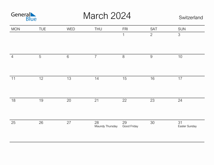 March 2024 Switzerland Monthly Calendar with Holidays