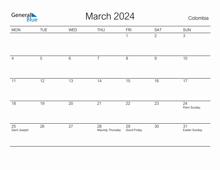 Printable March 2024 Calendar for Colombia