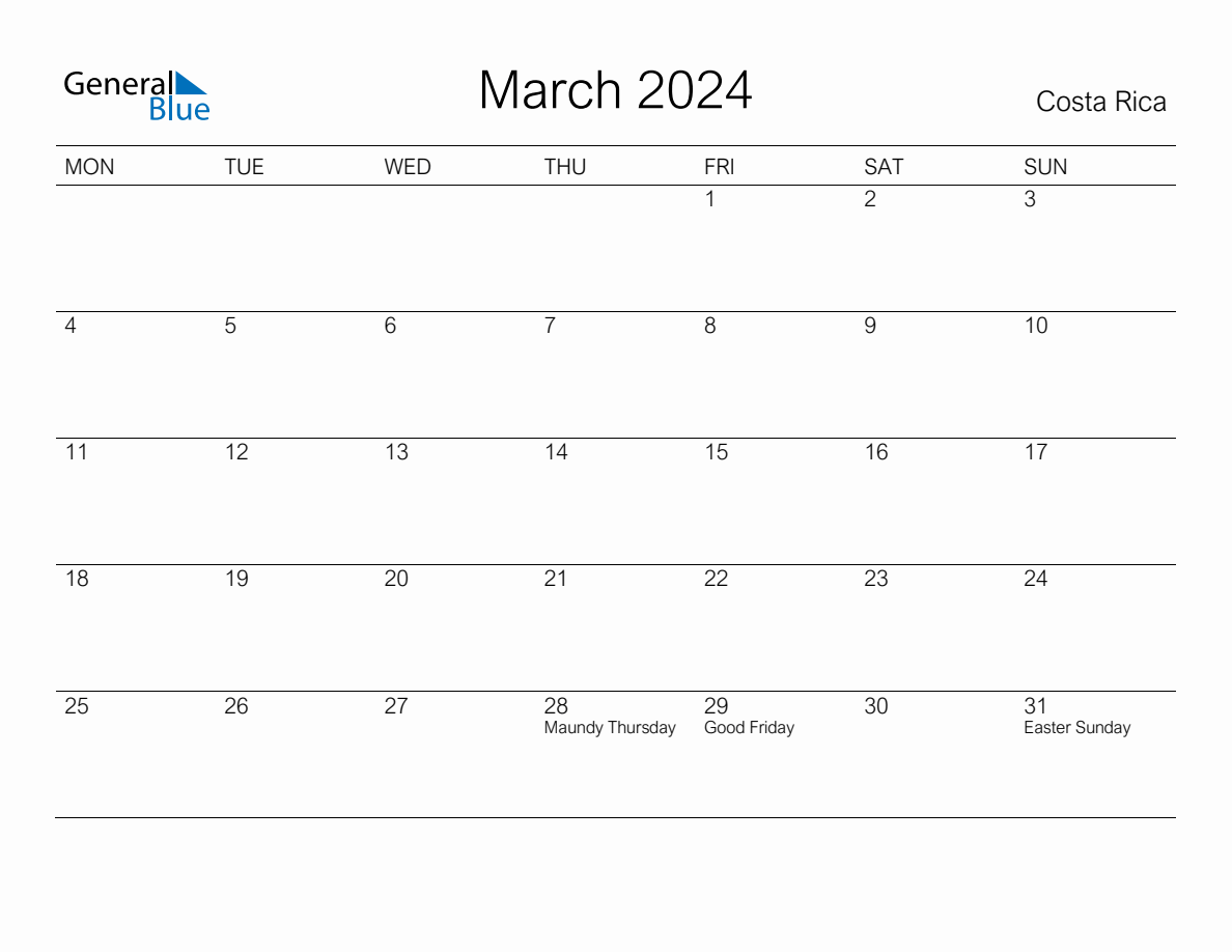 Printable March 2024 Monthly Calendar with Holidays for Costa Rica
